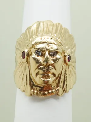Native American Indian Chieftain Head Garnet & Diamond Ring 14k Gold Size 9.25