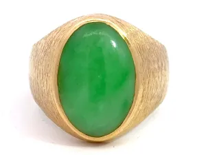 Oval Cabochon Green Jade Ring Satin Finish 14K Yellow Gold