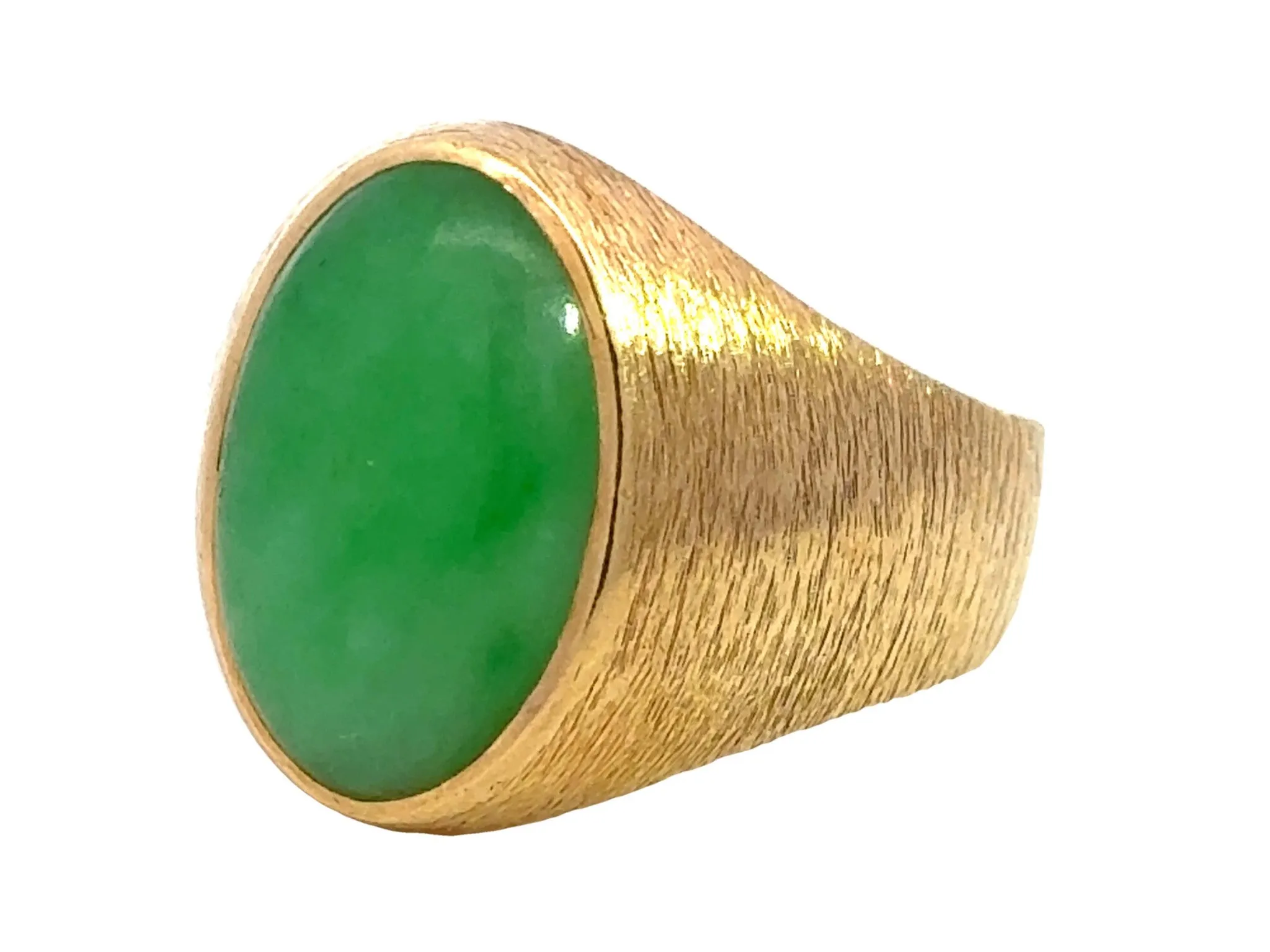 Oval Cabochon Green Jade Ring Satin Finish 14K Yellow Gold