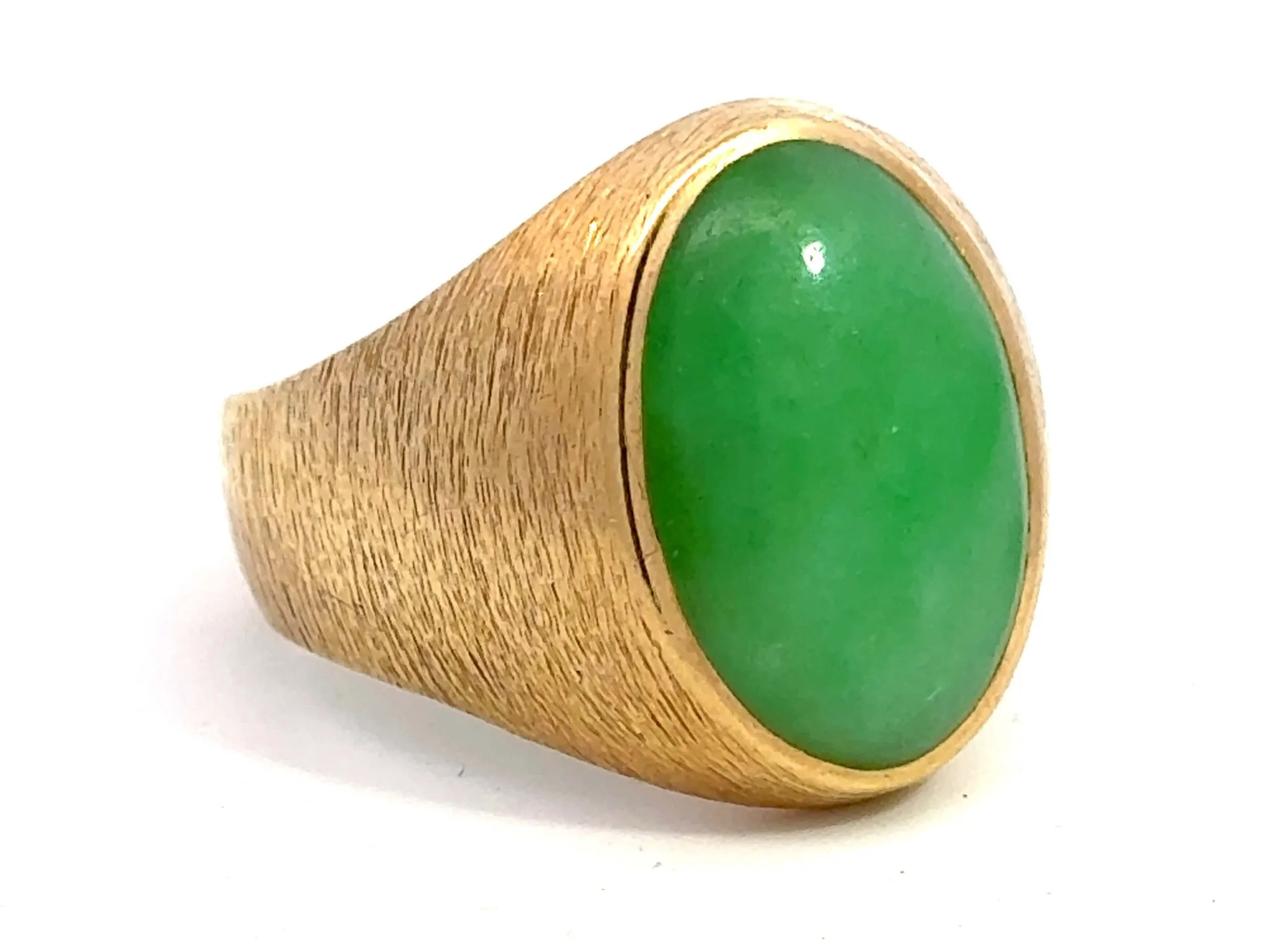 Oval Cabochon Green Jade Ring Satin Finish 14K Yellow Gold