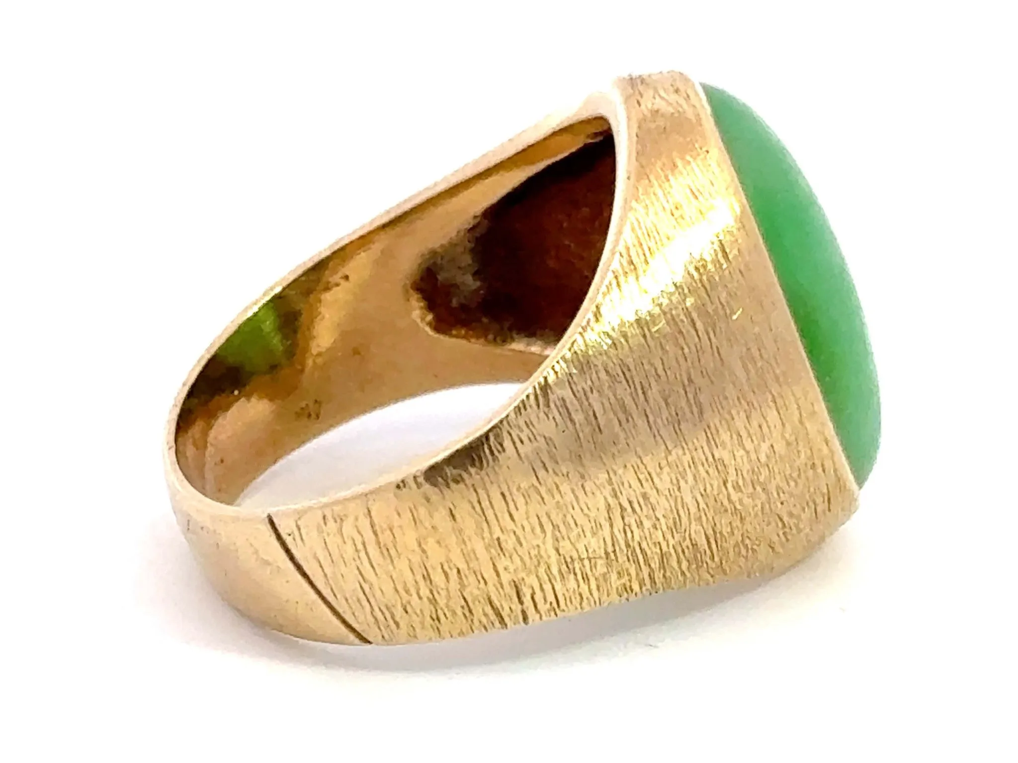 Oval Cabochon Green Jade Ring Satin Finish 14K Yellow Gold