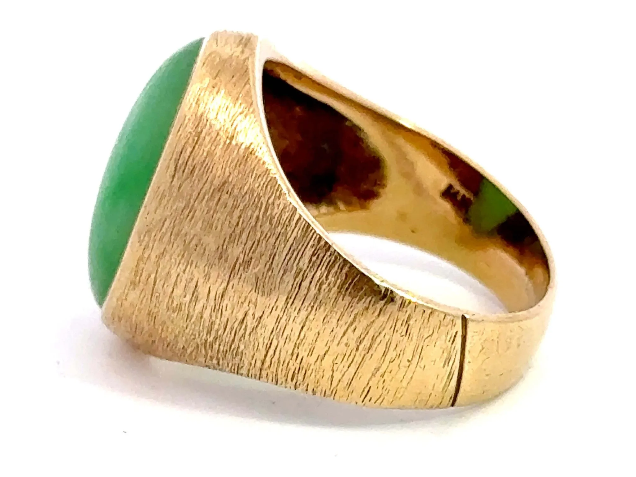 Oval Cabochon Green Jade Ring Satin Finish 14K Yellow Gold