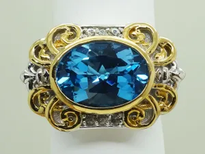 Oval Faceted Blue Topaz & CZ 2-Tone Sterling Silver Ring Size 10