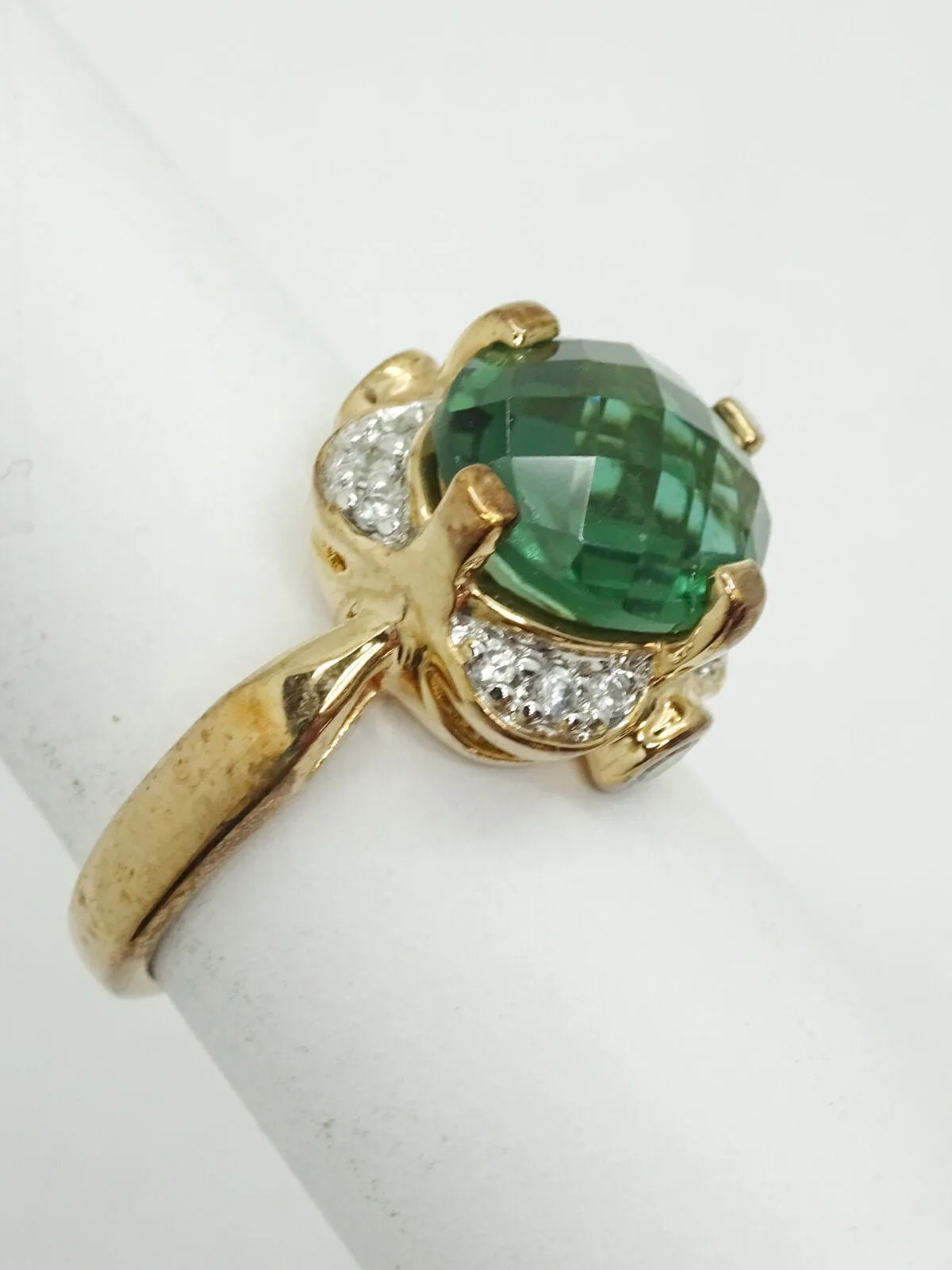 Oval Faceted Fantasy Green Stone & CZ Gold Plated Ring Size 6
