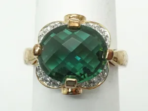 Oval Faceted Fantasy Green Stone & CZ Gold Plated Ring Size 6