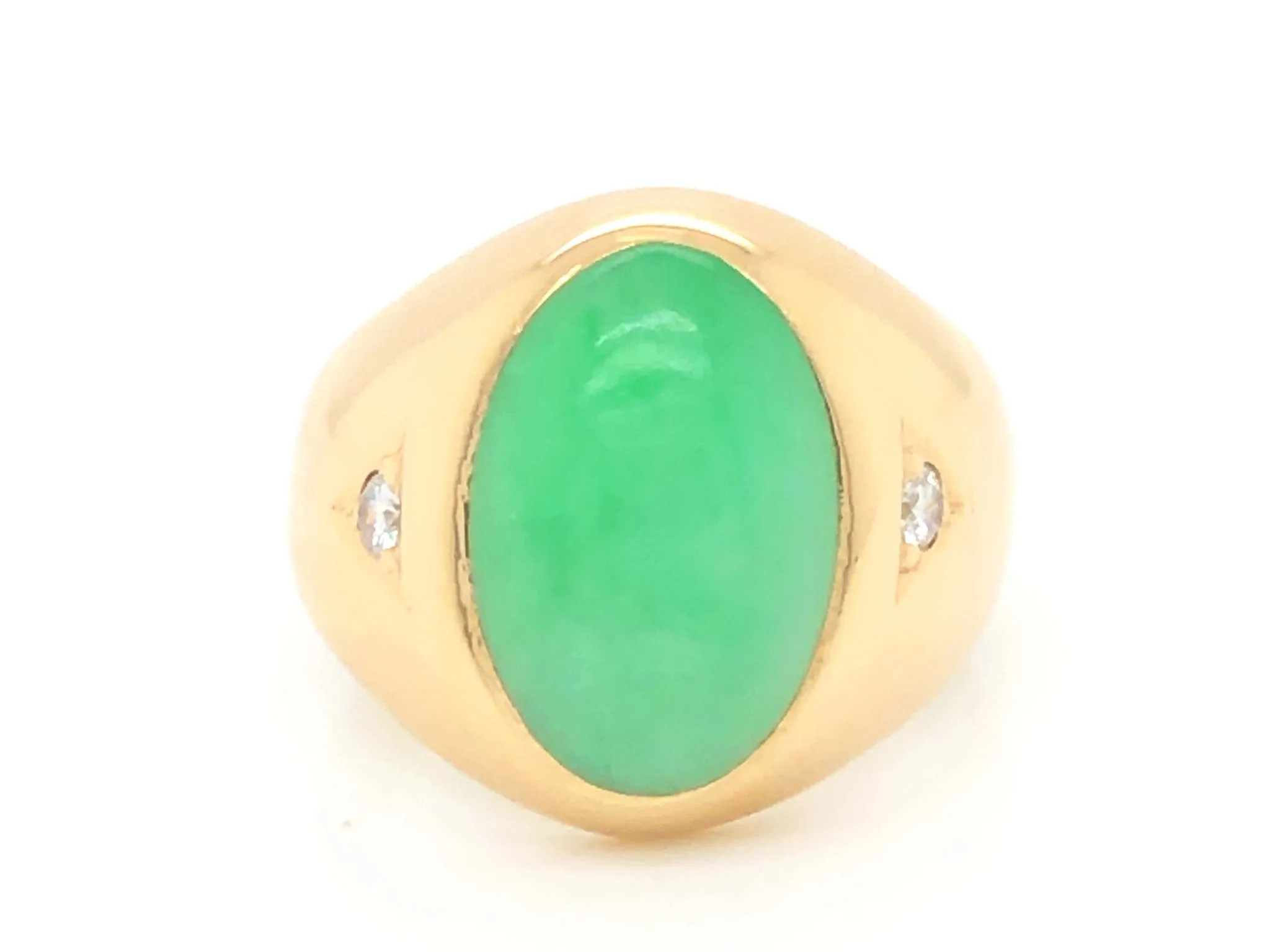 Oval Green Jade and Diamond Ring - 14k Yellow Gold
