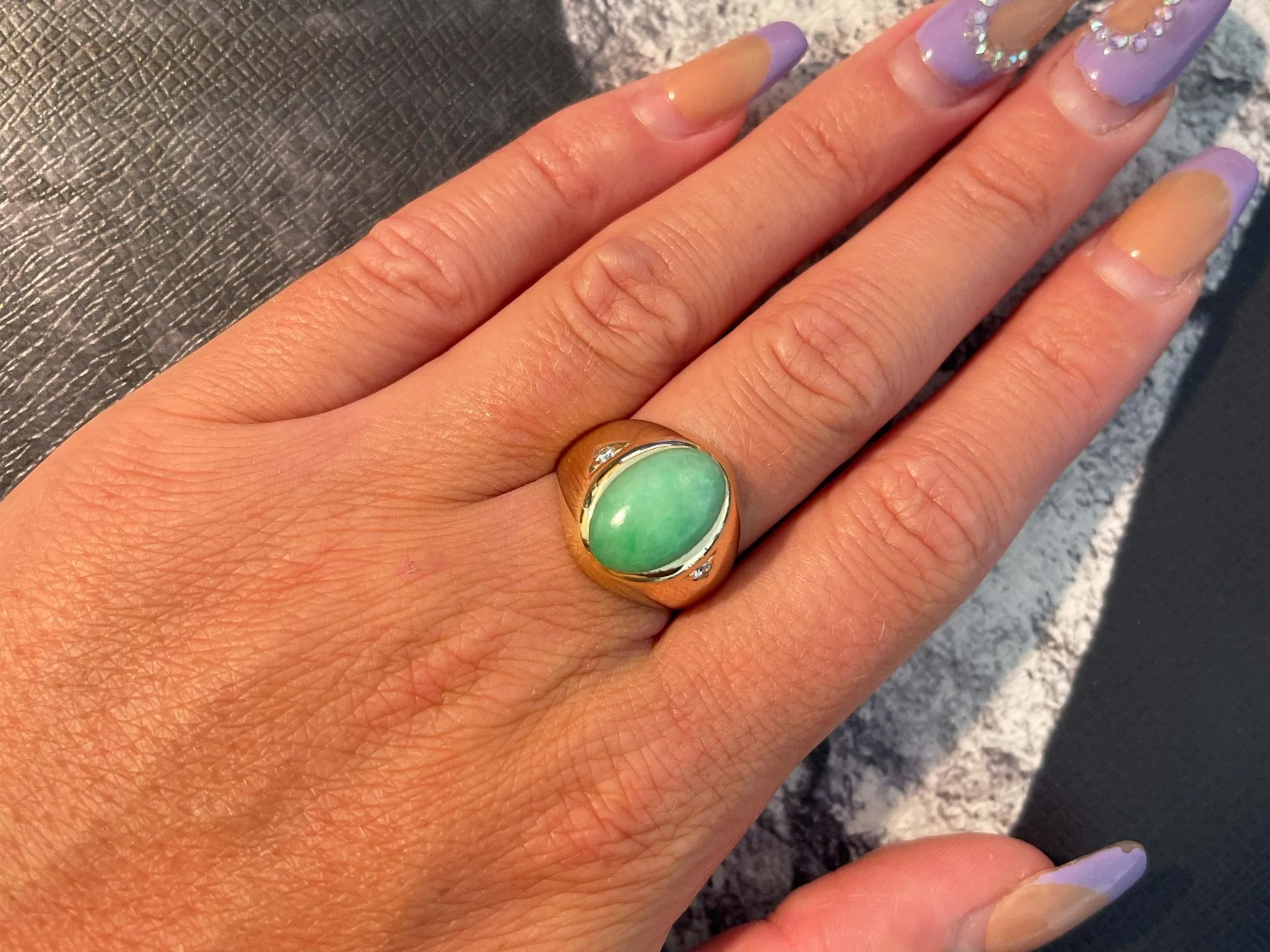 Oval Green Jade and Diamond Ring - 14k Yellow Gold