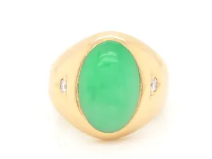 Oval Green Jade and Diamond Ring - 14k Yellow Gold