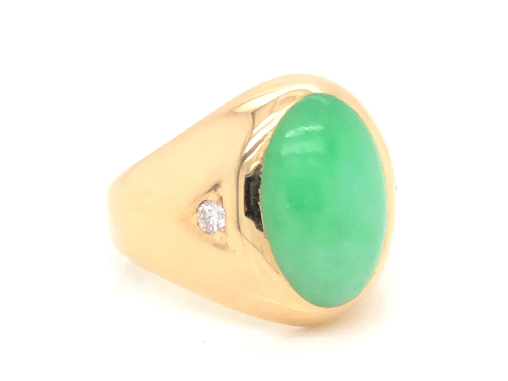 Oval Green Jade and Diamond Ring - 14k Yellow Gold