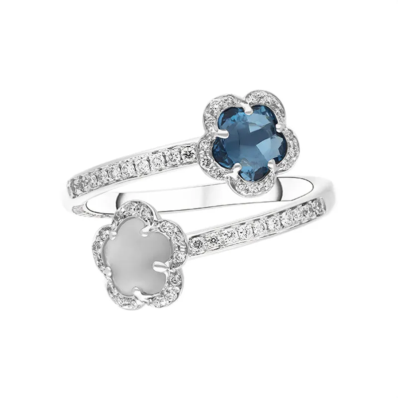 Pasquale Bruni Figlia Dei Fiori 18ct White Gold Moonstone London Blue Topaz Diamond Flower Ring D