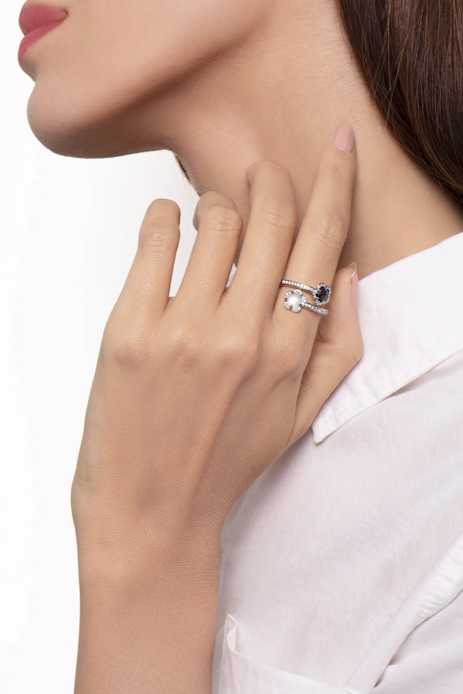 Pasquale Bruni Figlia Dei Fiori 18ct White Gold Moonstone London Blue Topaz Diamond Flower Ring D
