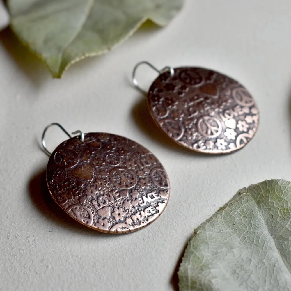 Peace & Love Large Copper Disc Drop Earrings
