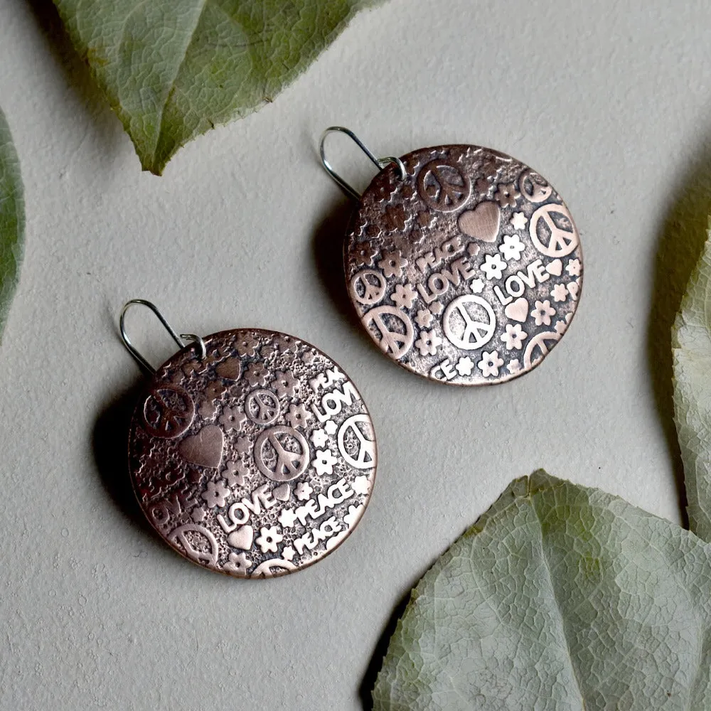 Peace & Love Large Copper Disc Drop Earrings