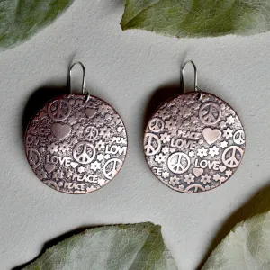 Peace & Love Large Copper Disc Drop Earrings