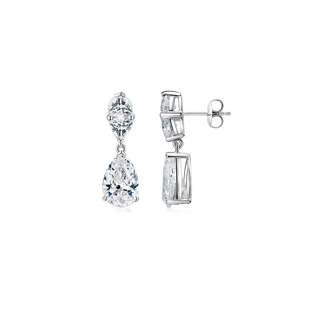 Pear and Cushion Trilliant drop earrings with 7.68 carats* of diamond simulants in 10 carat white gold