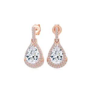 Pear and Round Brilliant halo stud earrings with 3.99 carats* of diamond simulants in 10 carat rose gold