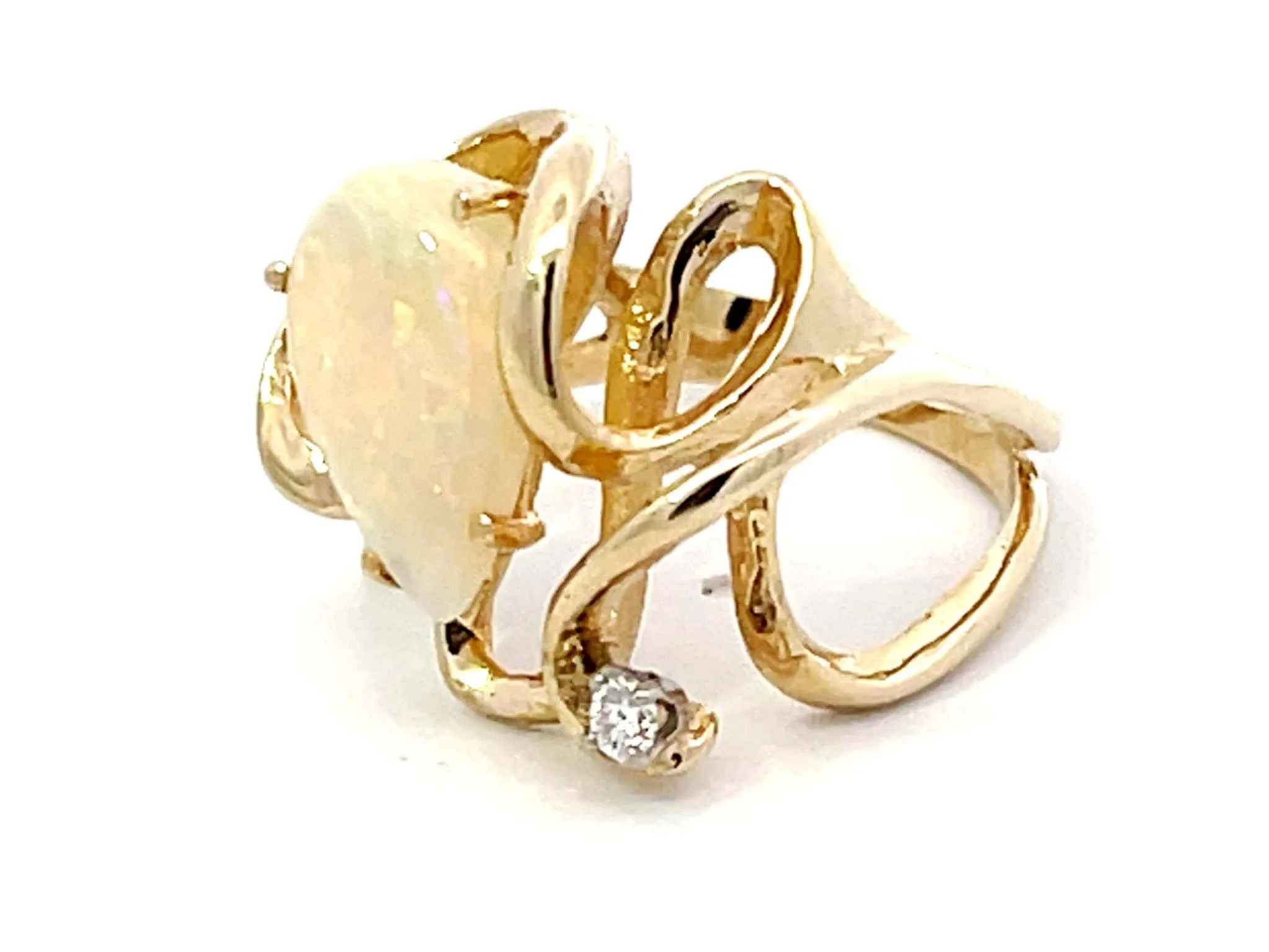 Pear Shaped Opal and Diamond Squiggly Ring in 14k Yellow Gold