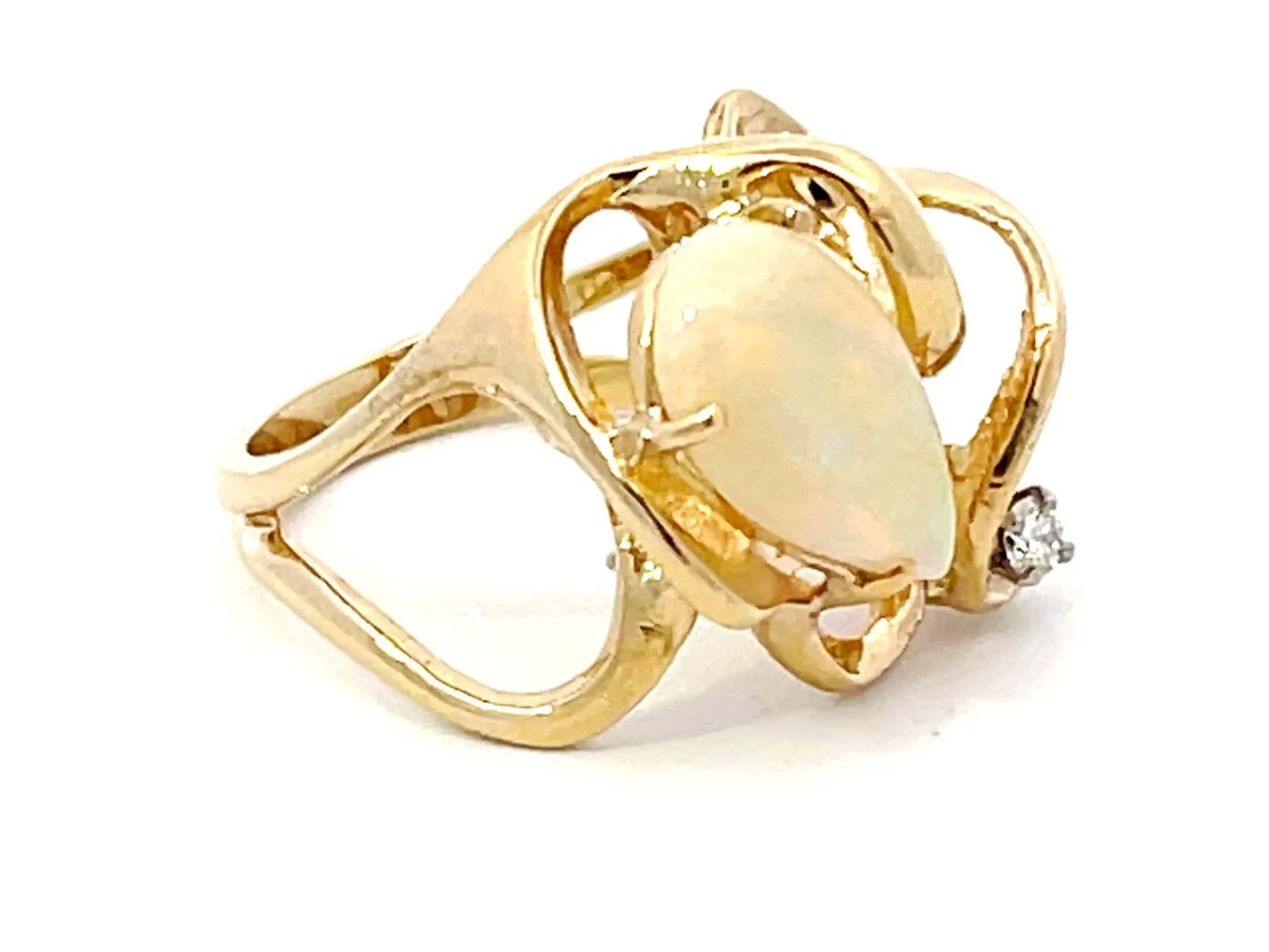 Pear Shaped Opal and Diamond Squiggly Ring in 14k Yellow Gold