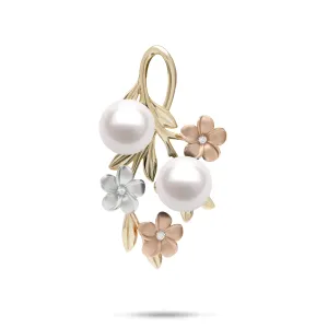 Pearls in Bloom Plumeria Akoya White Pearl Pendant in Tri Color Gold with Diamonds - 36mm