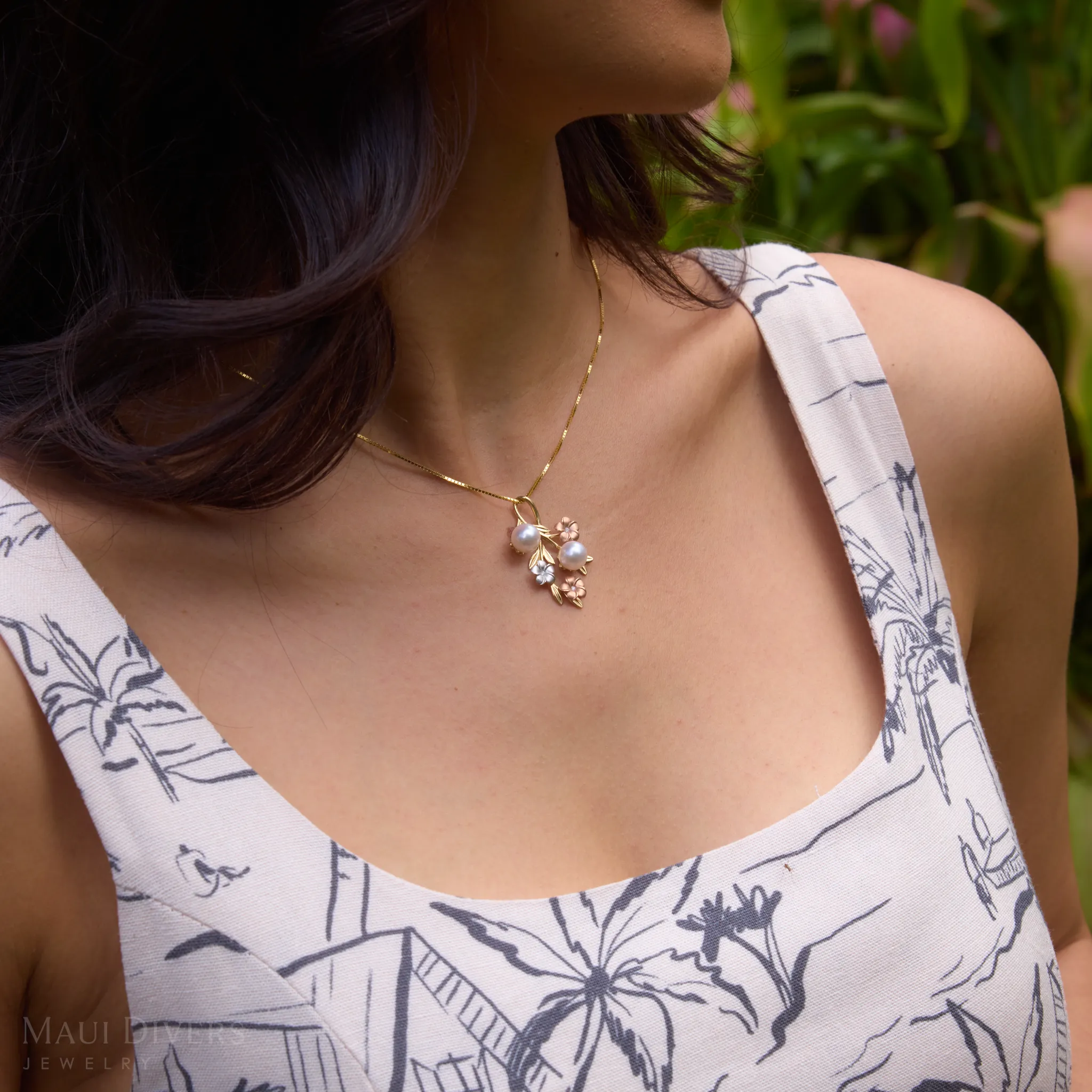 Pearls in Bloom Plumeria Akoya White Pearl Pendant in Tri Color Gold with Diamonds - 36mm