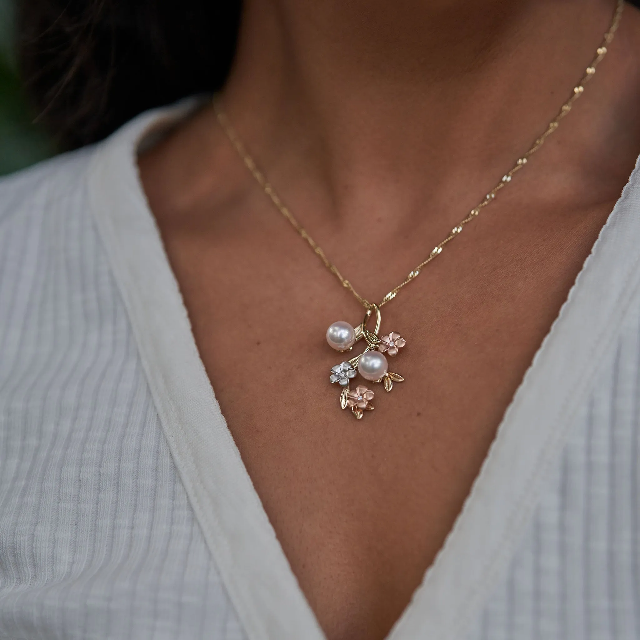 Pearls in Bloom Plumeria Akoya White Pearl Pendant in Tri Color Gold with Diamonds - 36mm
