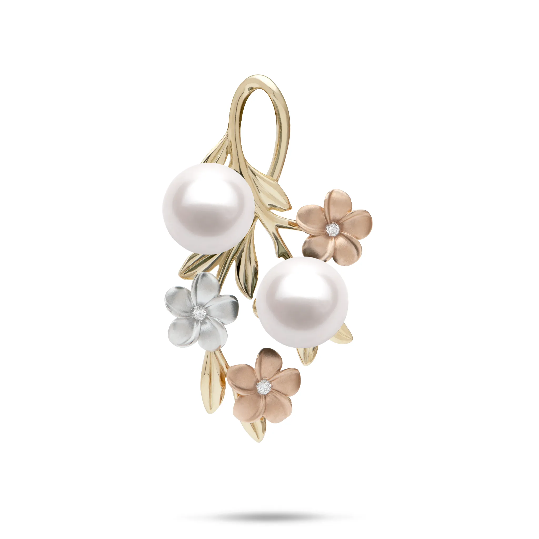 Pearls in Bloom Plumeria Akoya White Pearl Pendant in Tri Color Gold with Diamonds - 36mm