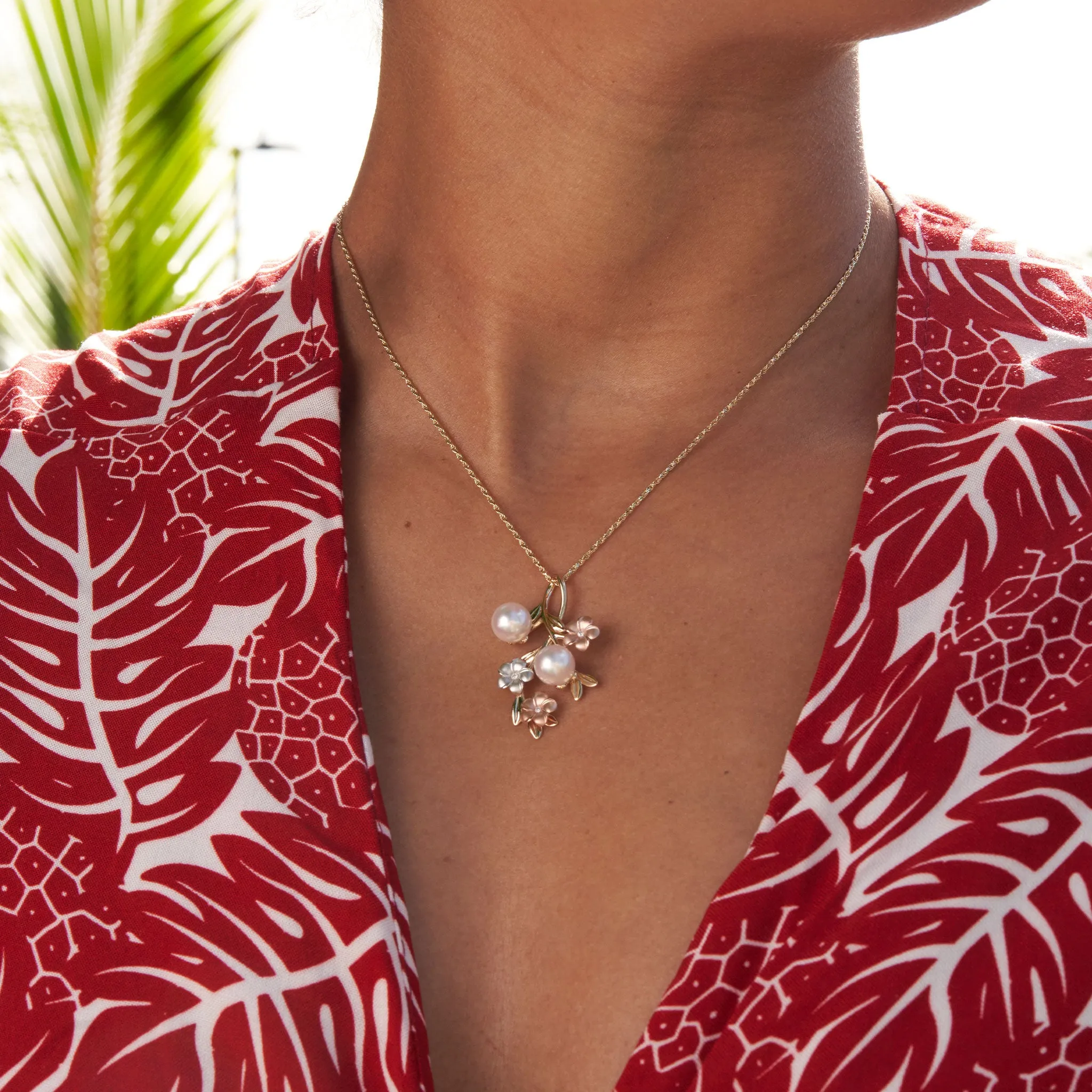 Pearls in Bloom Plumeria Akoya White Pearl Pendant in Tri Color Gold with Diamonds - 36mm
