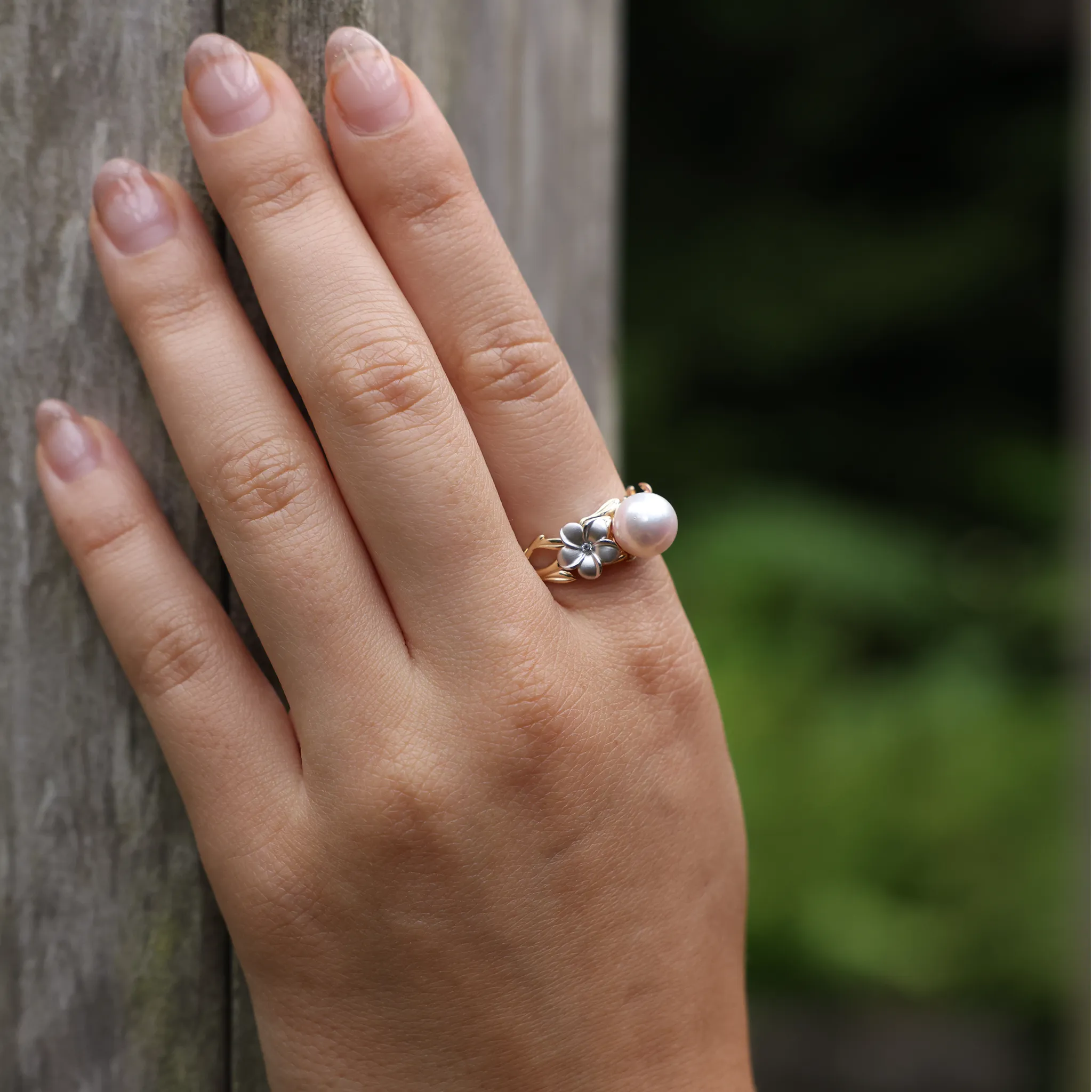 Pearls in Bloom Plumeria Akoya White Pearl Ring in Tri Color Gold with Diamonds - 8mm