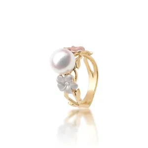 Pearls in Bloom Plumeria Akoya White Pearl Ring in Tri Color Gold with Diamonds - 8mm