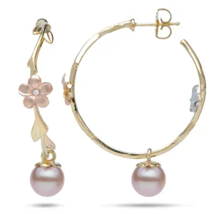 Pearls in Bloom Plumeria Lavender Freshwater Pearl Earrings in Tri Color Gold with Diamonds - 33mm