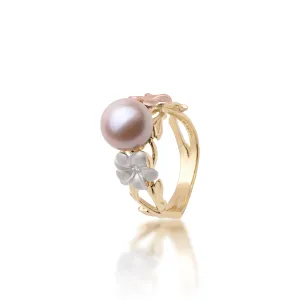 Pearls in Bloom Plumeria Lavender Freshwater Pearl Ring in Tri Color Gold with Diamonds - 8mm