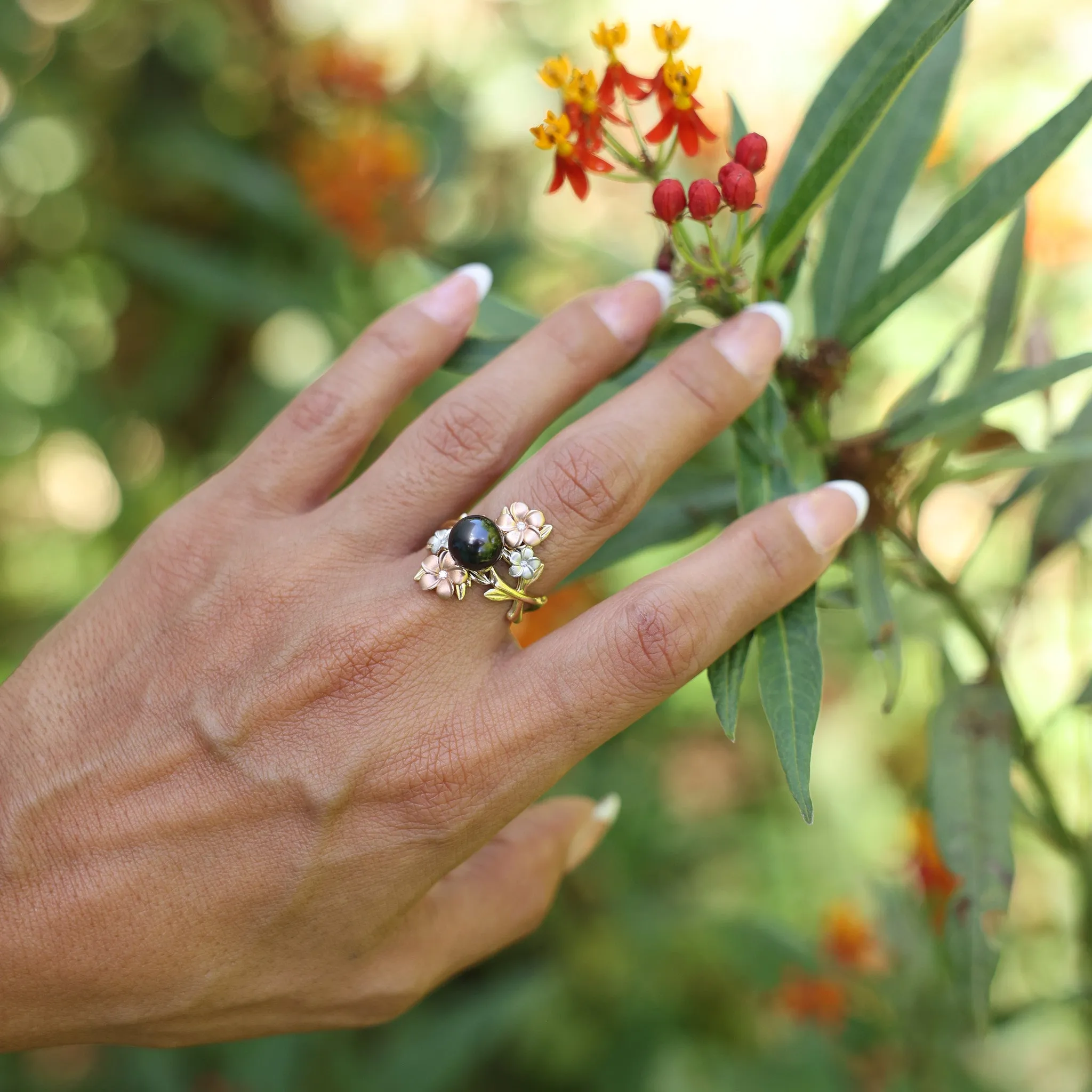 Pearls in Bloom Plumeria Tahitian Black Pearl Ring in Tri Color Gold with Diamonds - 22mm
