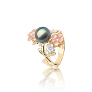 Pearls in Bloom Plumeria Tahitian Black Pearl Ring in Tri Color Gold with Diamonds - 22mm
