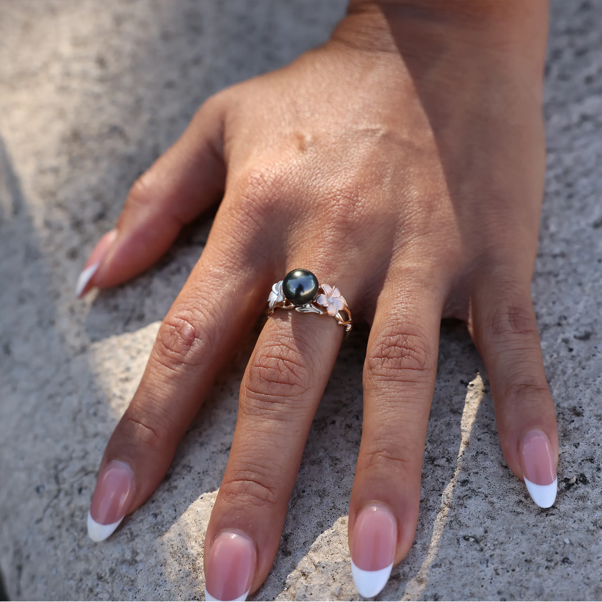 Pearls in Bloom Plumeria Tahitian Black Pearl Ring in Tri Color Gold with Diamonds - 8mm