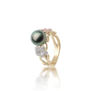 Pearls in Bloom Plumeria Tahitian Black Pearl Ring in Tri Color Gold with Diamonds - 8mm