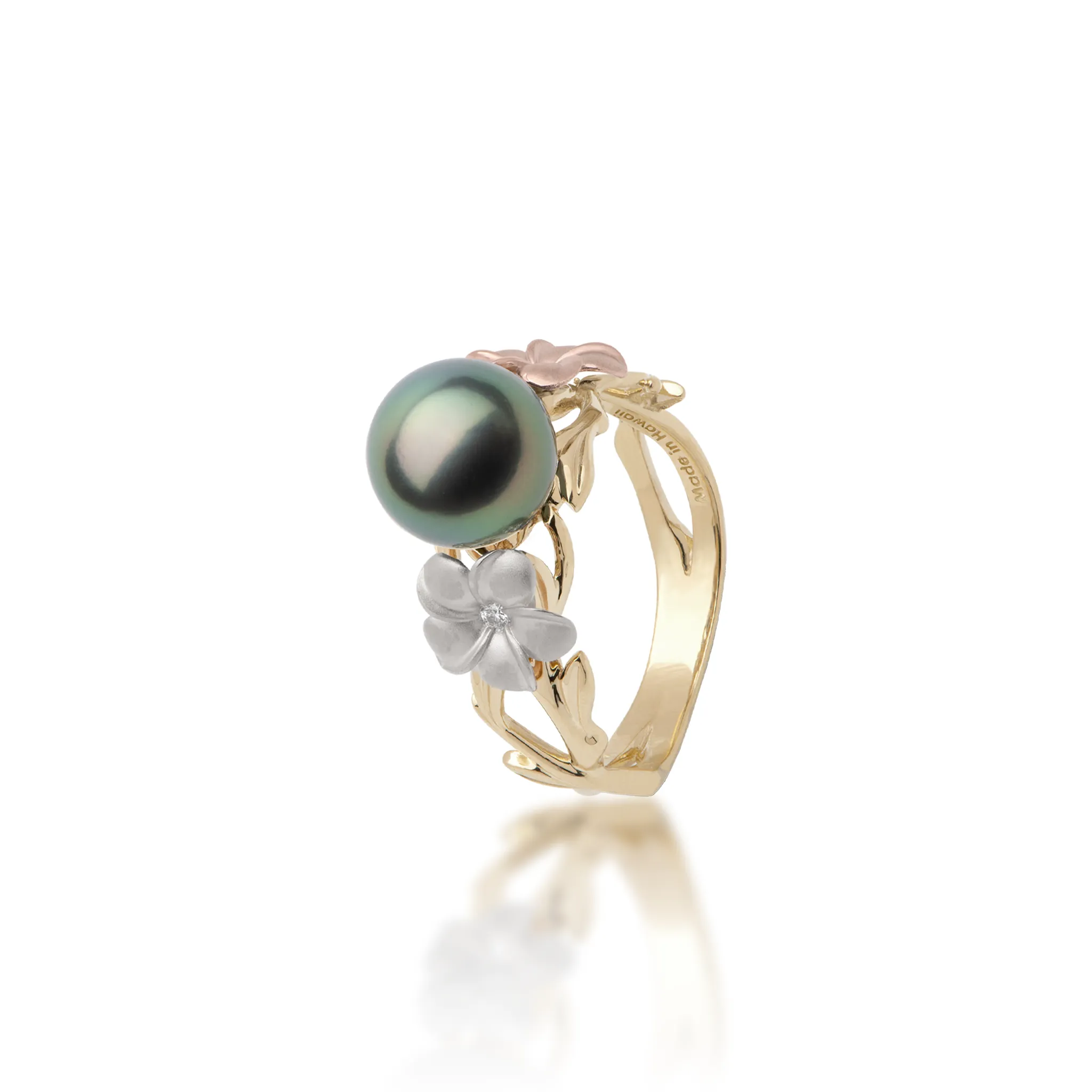 Pearls in Bloom Plumeria Tahitian Black Pearl Ring in Tri Color Gold with Diamonds - 8mm