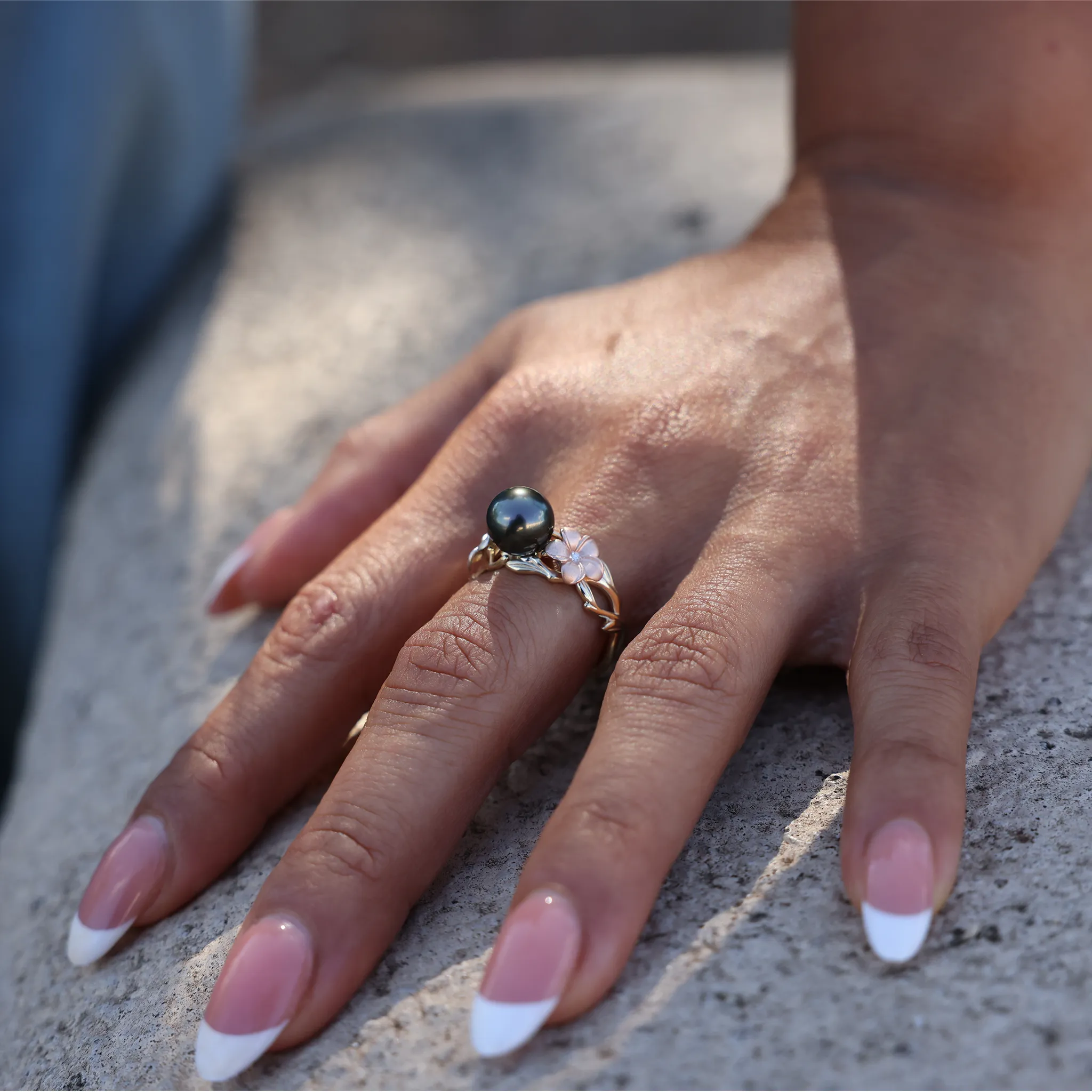 Pearls in Bloom Plumeria Tahitian Black Pearl Ring in Tri Color Gold with Diamonds - 8mm