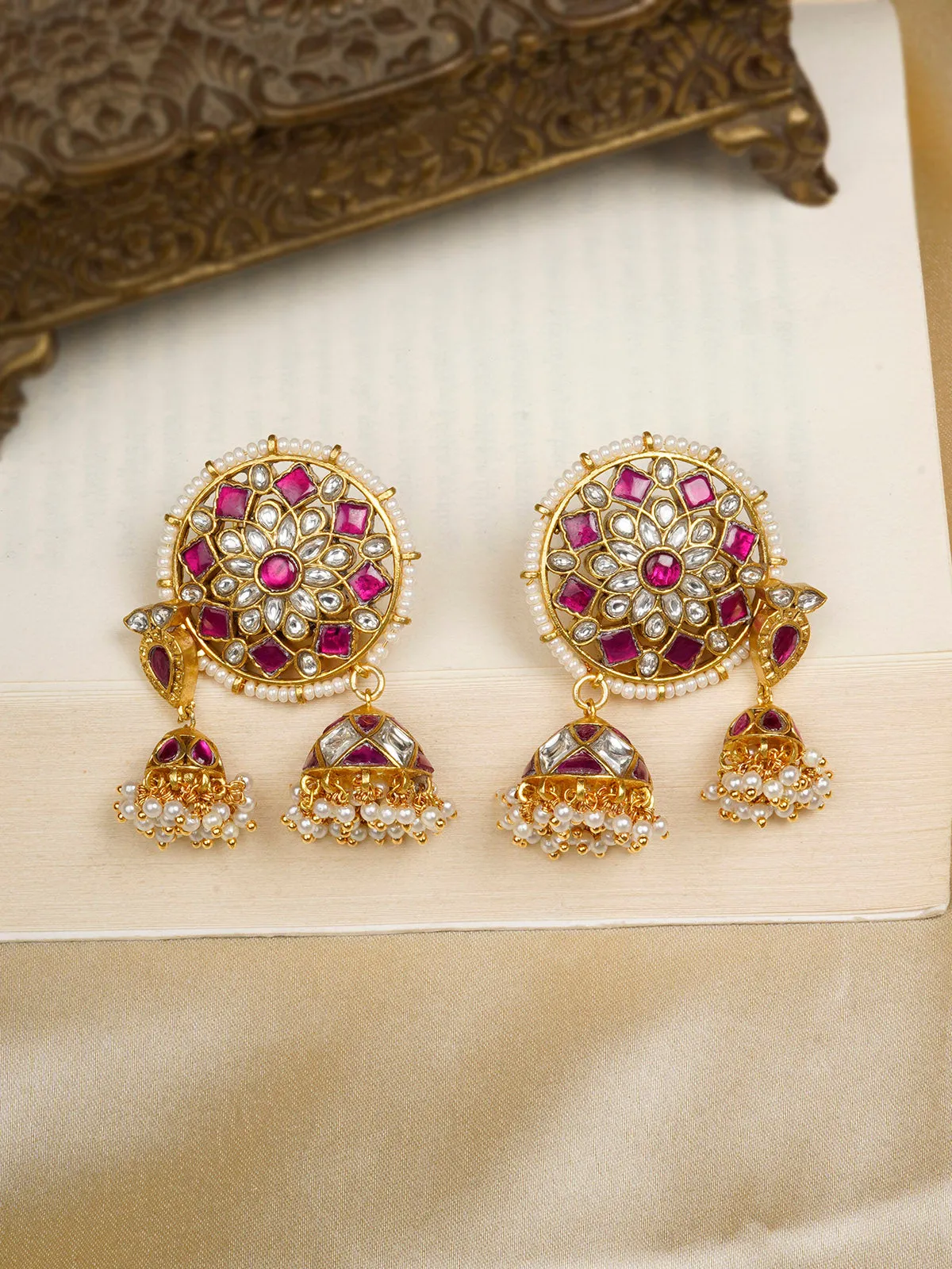 Pink Color Gold Plated Jadau Kundan Earrings - ME1182WP