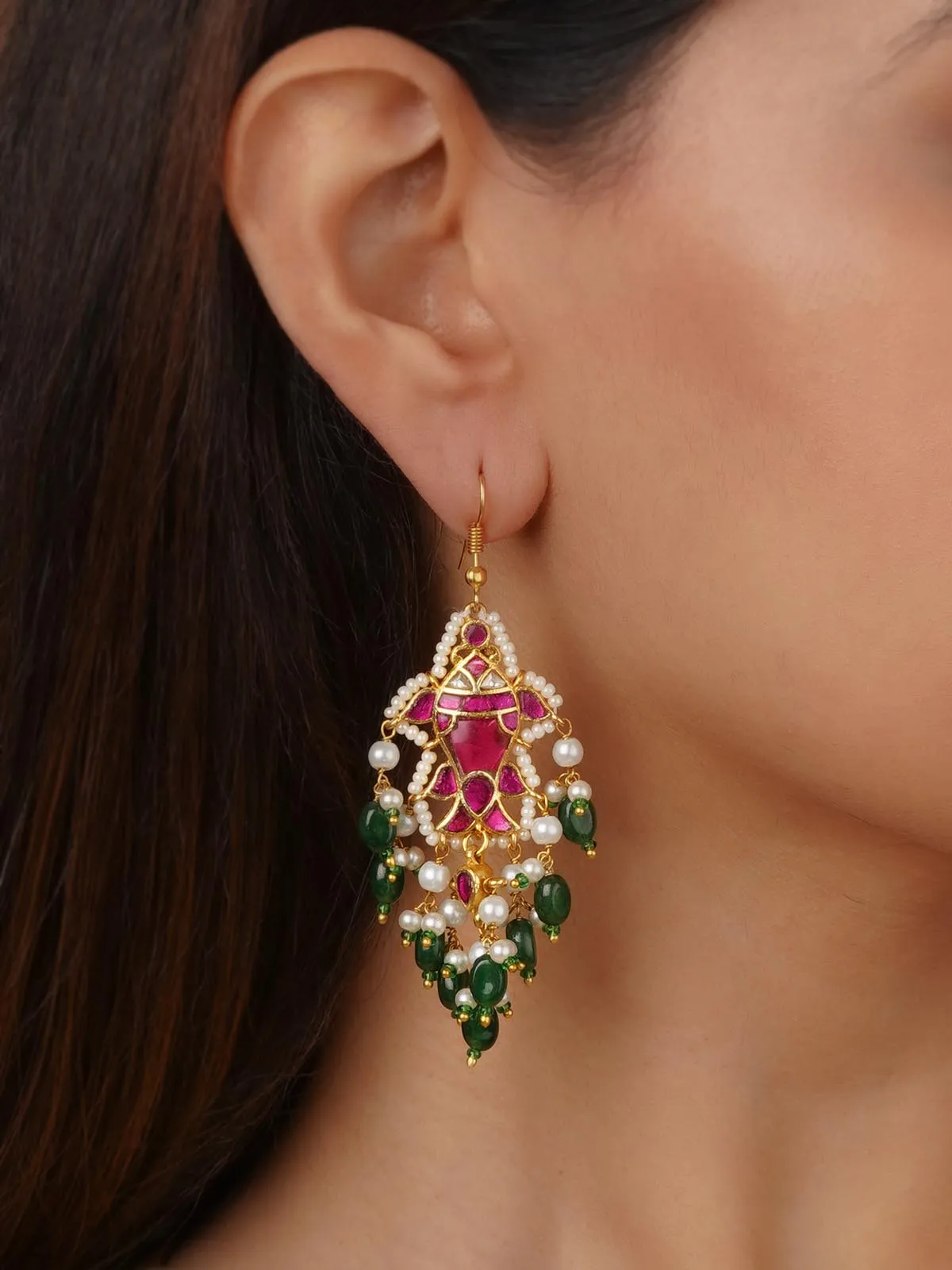 Pink Color Gold Plated Jadau Kundan Earrings - ME896P