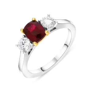 Platinum 1.06ct Ruby Diamond Cushion Cut Three Stone Ring