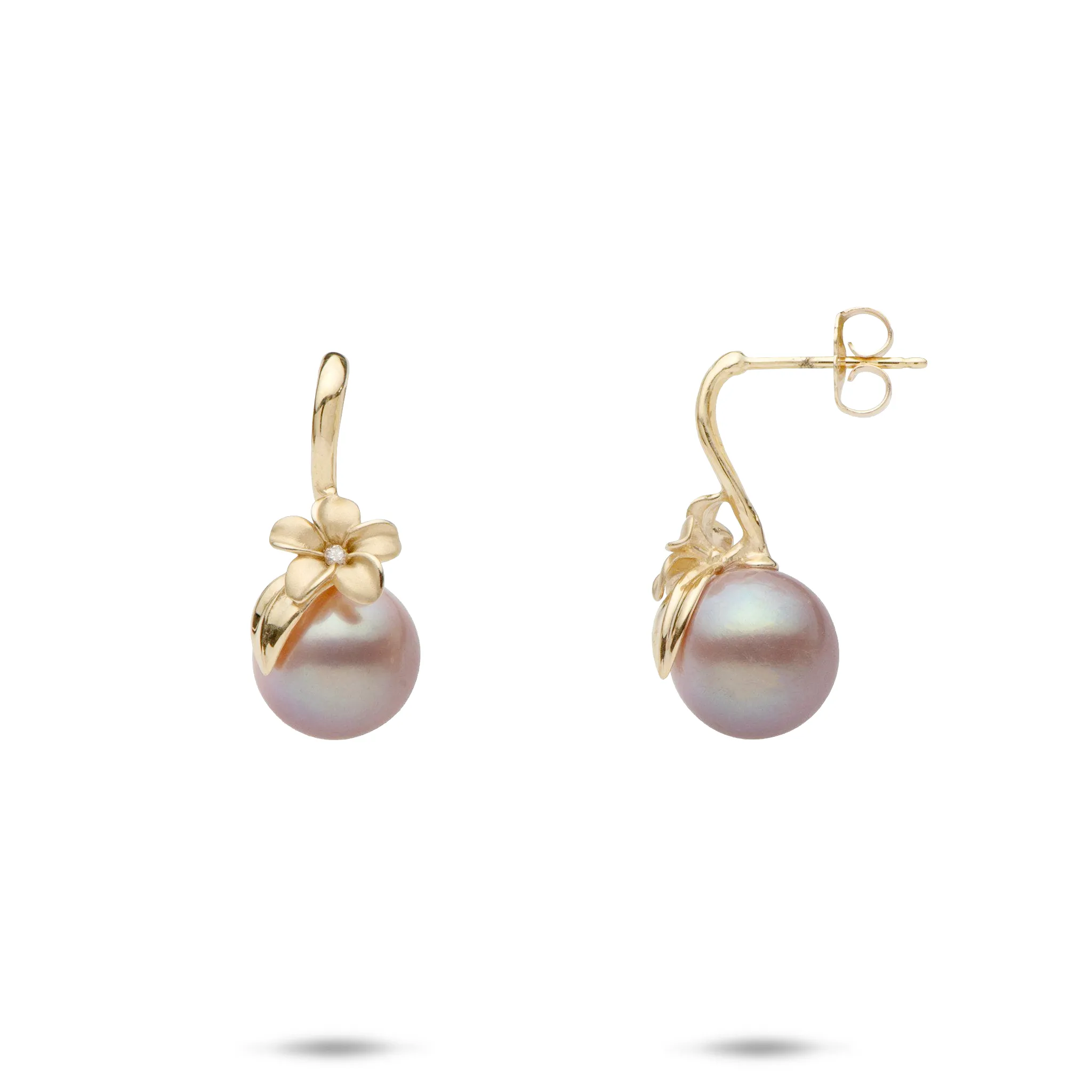 Plumeria Lavender Freshwater Pearl Earrings in Gold with Diamonds - 9-10mm