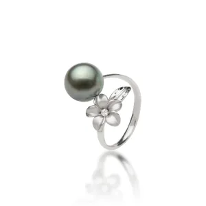 Plumeria Tahitian Black Pearl Ring in White Gold with Diamond - 10-11mm