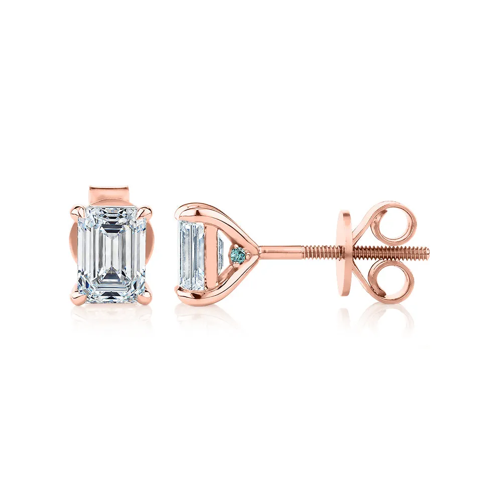 Premium Certified Lab-Grown Diamond, 1.40 carat TW emerald cut stud earrings in 14 carat rose gold