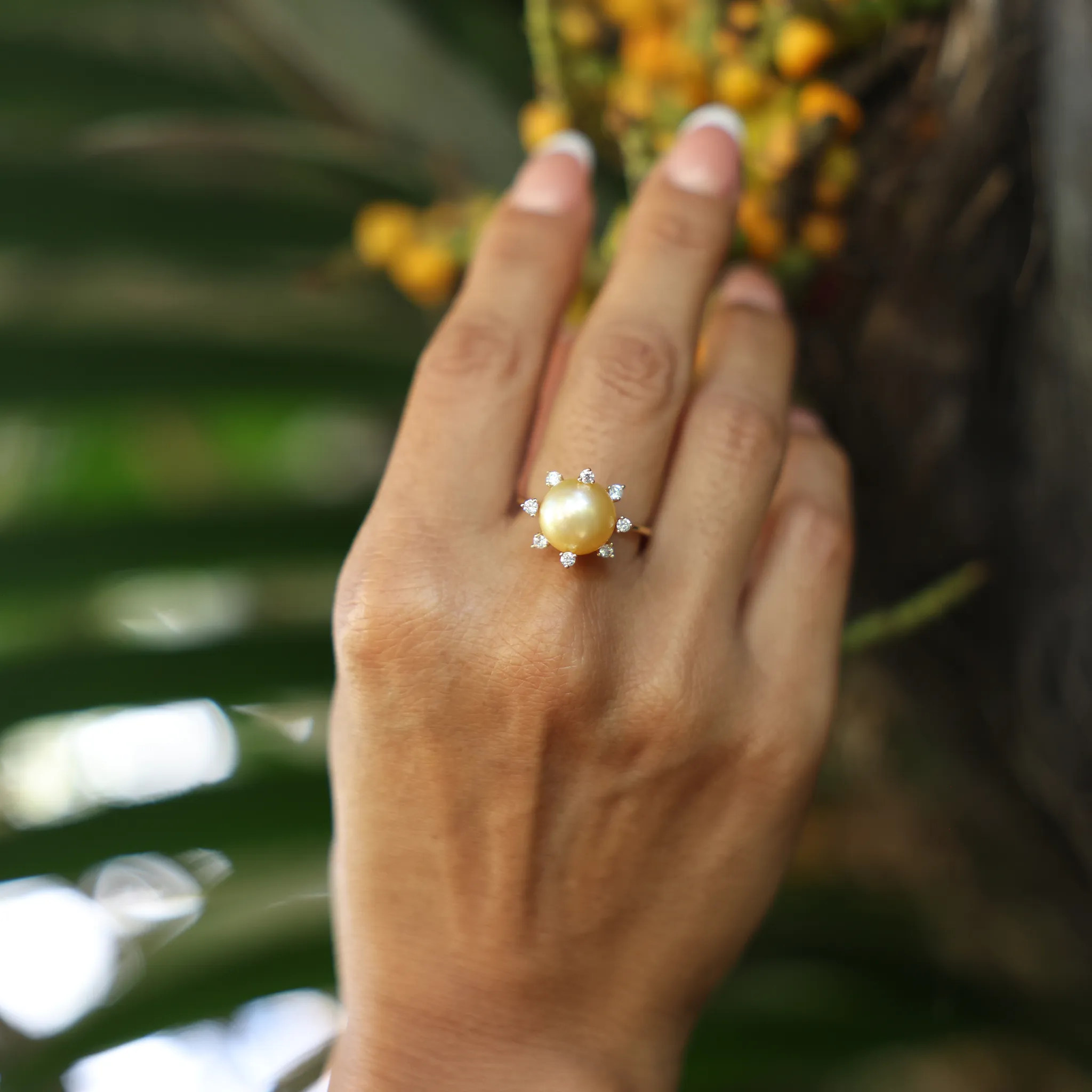 Protea South Sea Gold Pearl Ring in Gold with Diamonds - 10-11mm