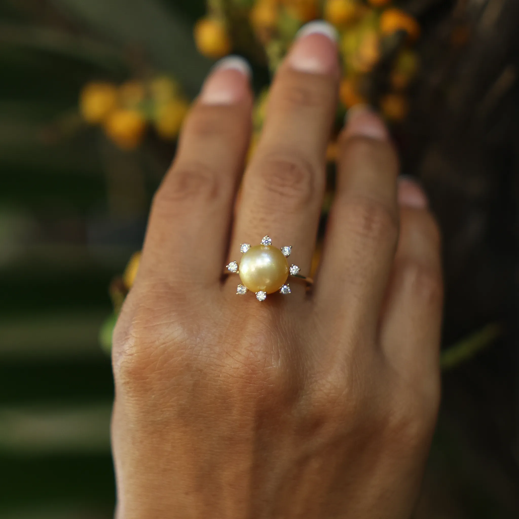 Protea South Sea Gold Pearl Ring in Gold with Diamonds - 10-11mm