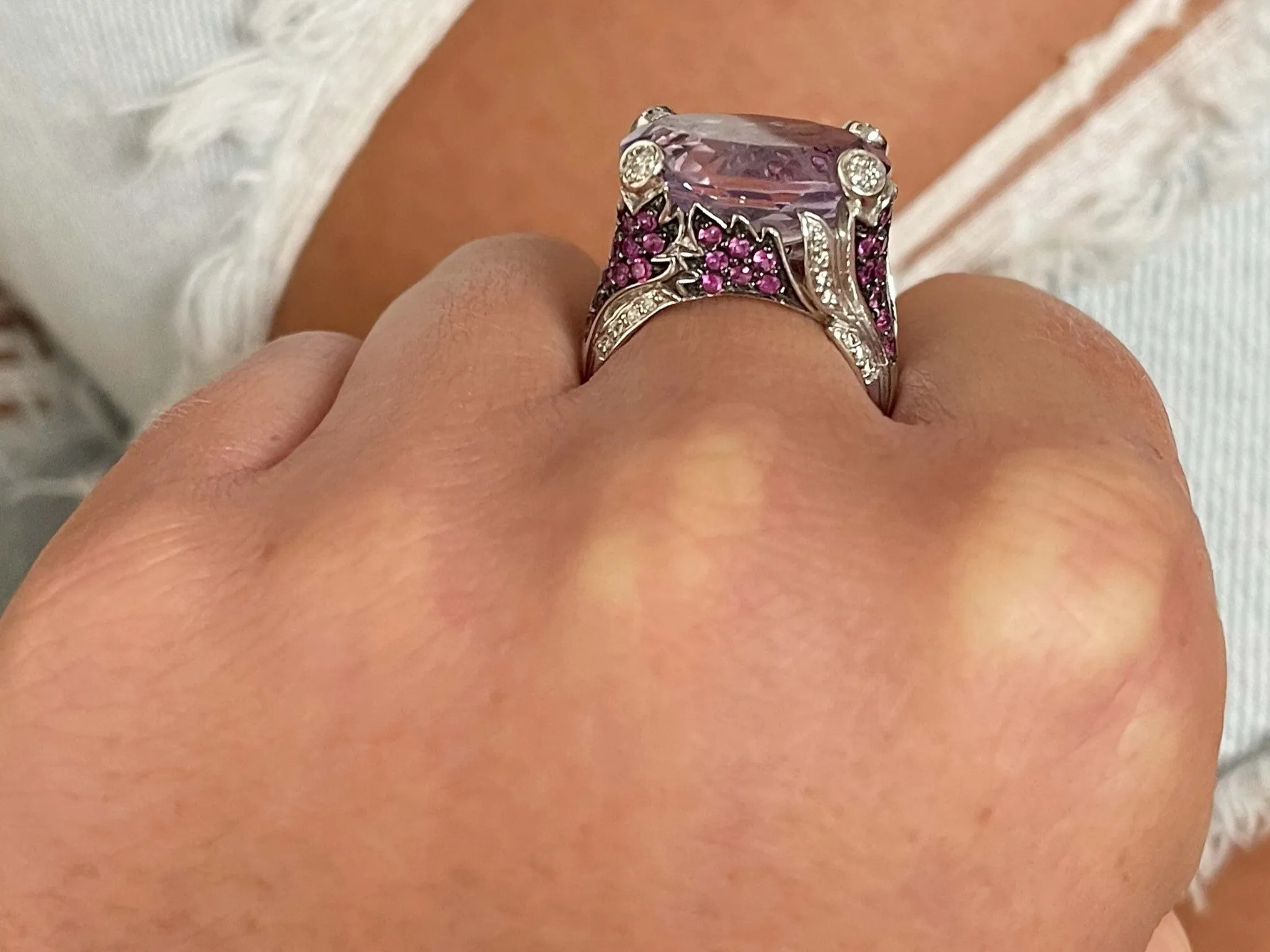 Purplish Pink Kunzite Ruby and Diamond Ring in 18k White Gold