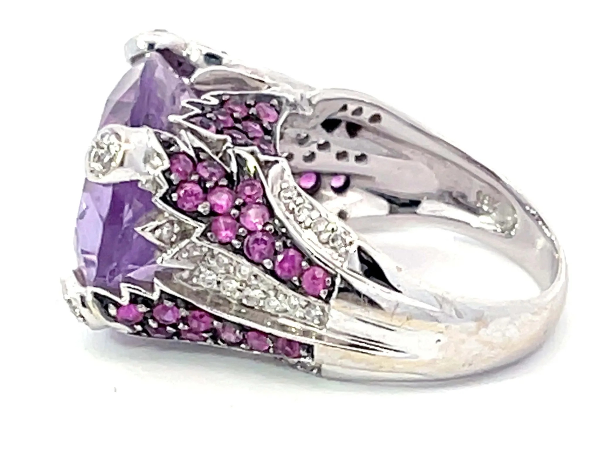 Purplish Pink Kunzite Ruby and Diamond Ring in 18k White Gold