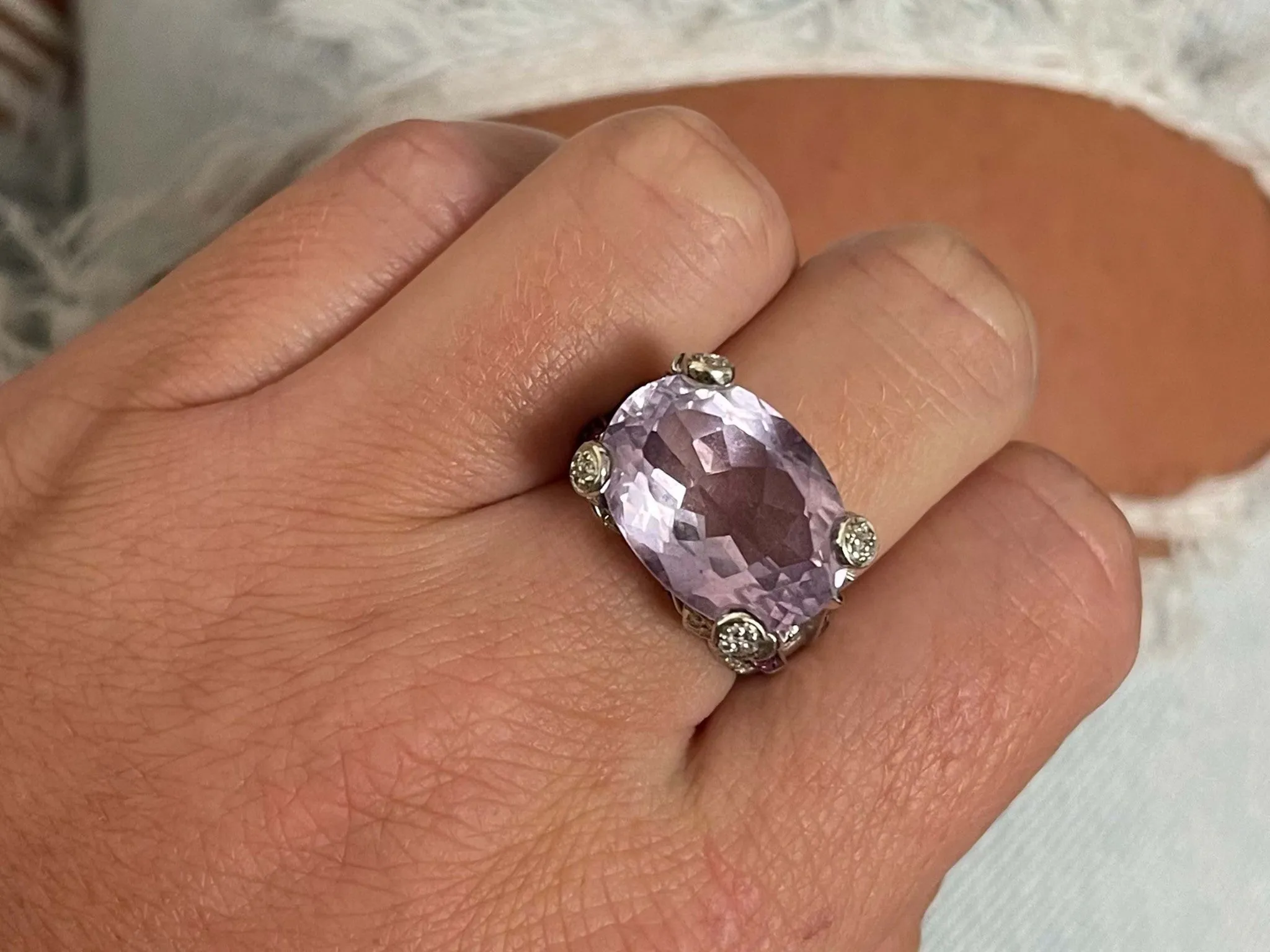 Purplish Pink Kunzite Ruby and Diamond Ring in 18k White Gold