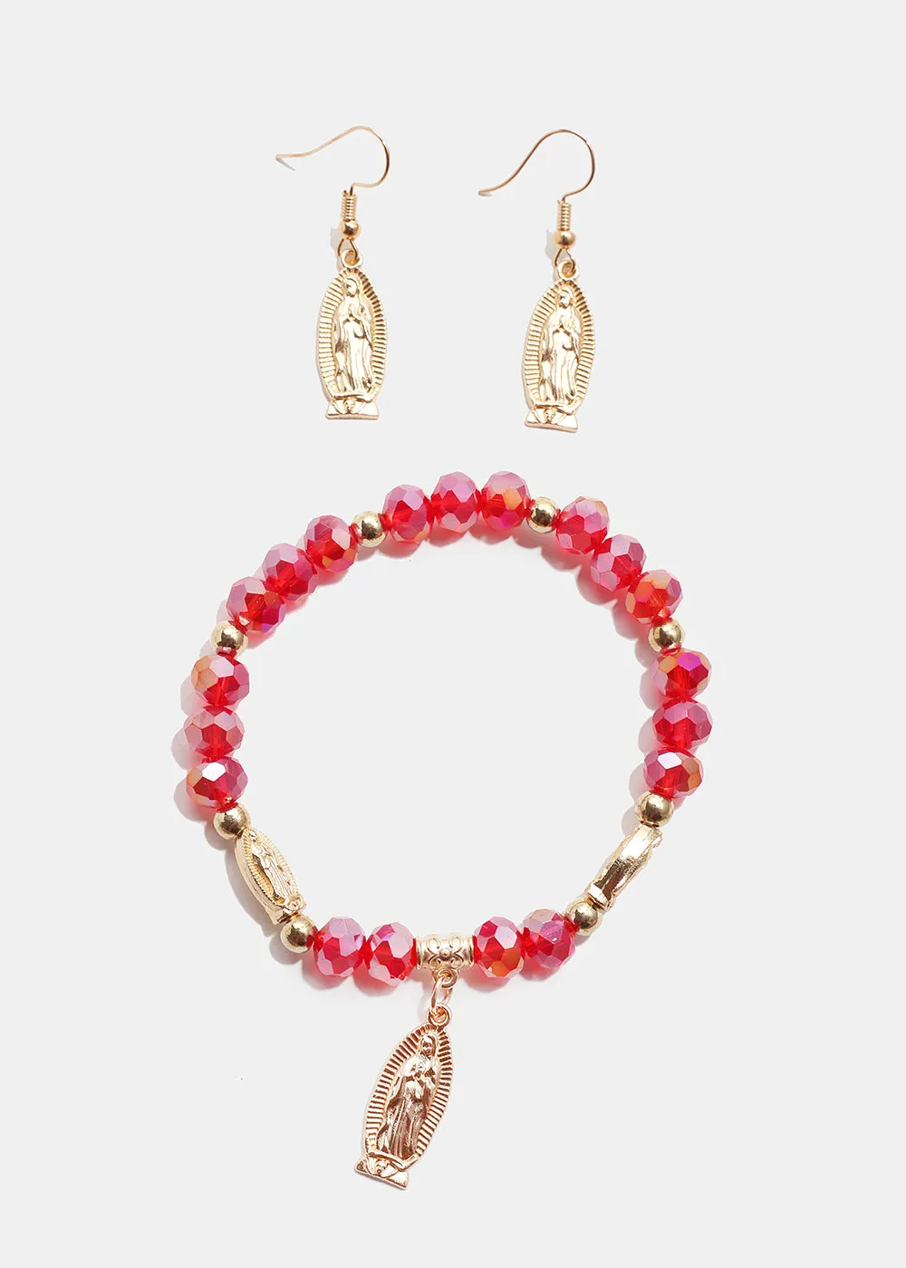 Red Virgin Mary Bead Bracelet & Earring Set