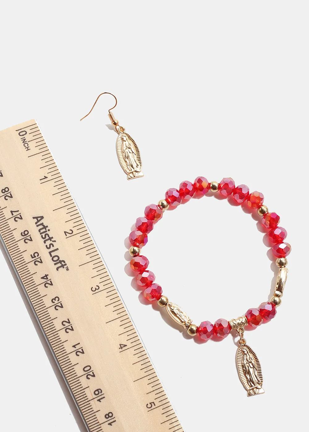 Red Virgin Mary Bead Bracelet & Earring Set